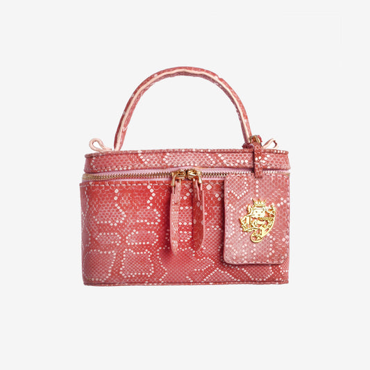 Pastel Matte Pink Snakeskin Zipper Vanity Bag with Mirror