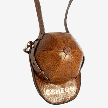 Baseball Cap Style Bag in Brown Crocskin Leather