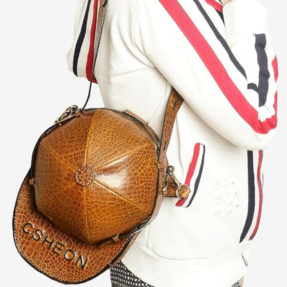 Baseball Cap Style Bag in Brown Crocskin Leather