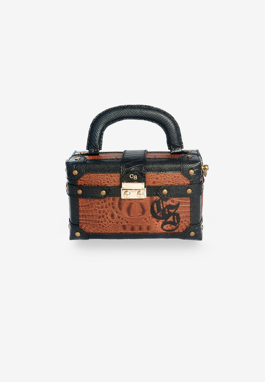 Trunk Handle Bag in Brown Crocskin with Shoulder Strap