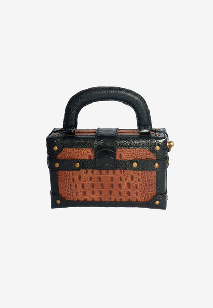 Trunk Handle Bag in Brown Crocskin with Shoulder Strap