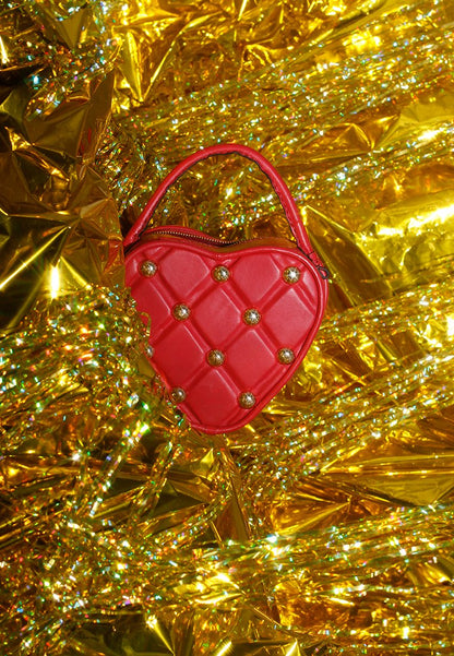 Heart Vanity Bag Studded in Pink-Red with Zipper