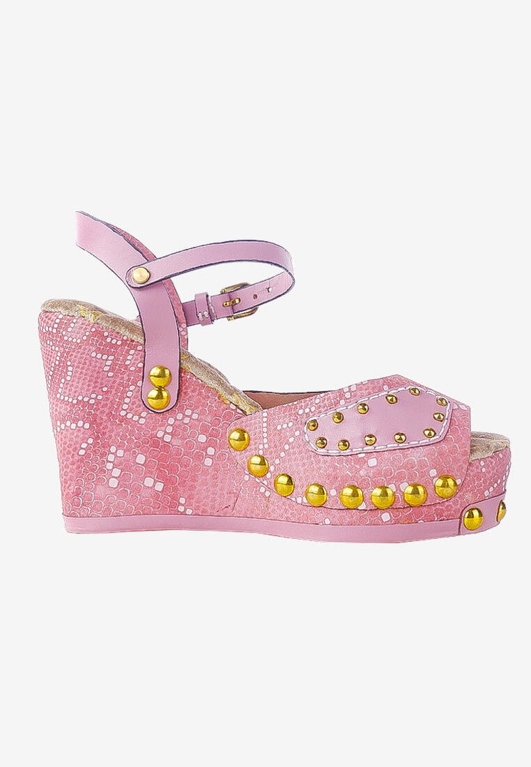 Pastel Pink Snakeskin Studded Wedges