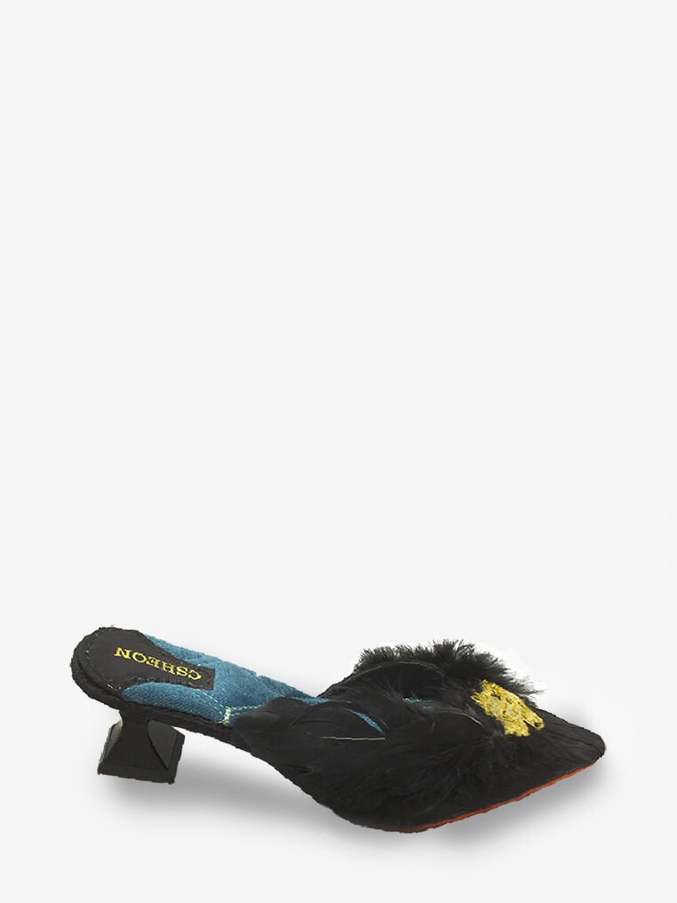 Black Feather Pump Slipper Heels with Gold Logo