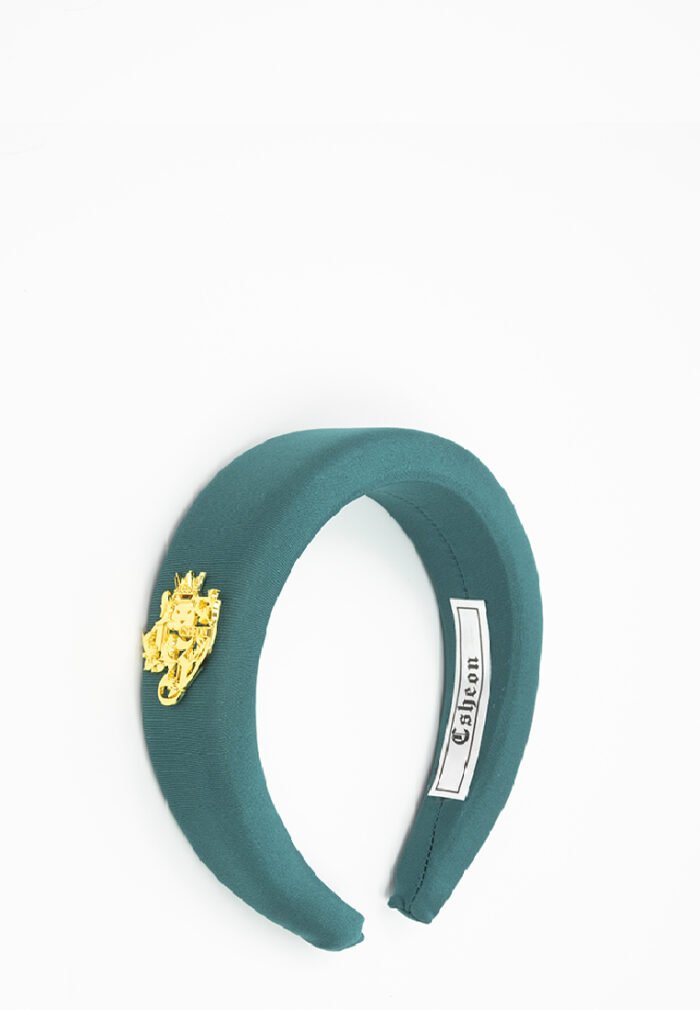 Nylon Headband with Gold Logo in Aqua Green