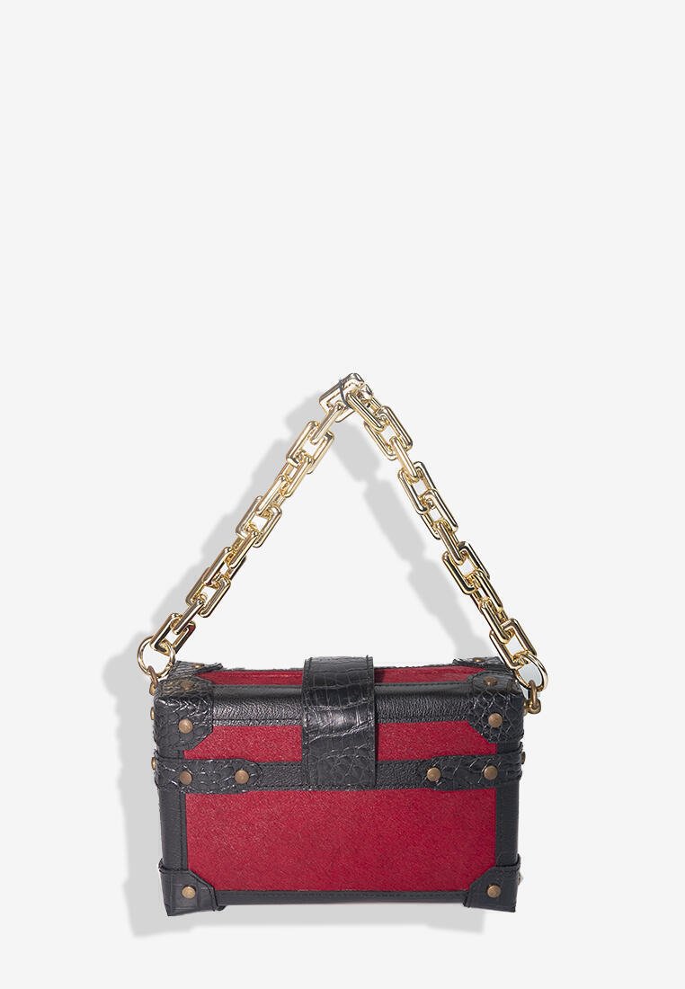 BOX CLUTCH PONYFUR RED BLACK BAG WITH GOLD CHAIN