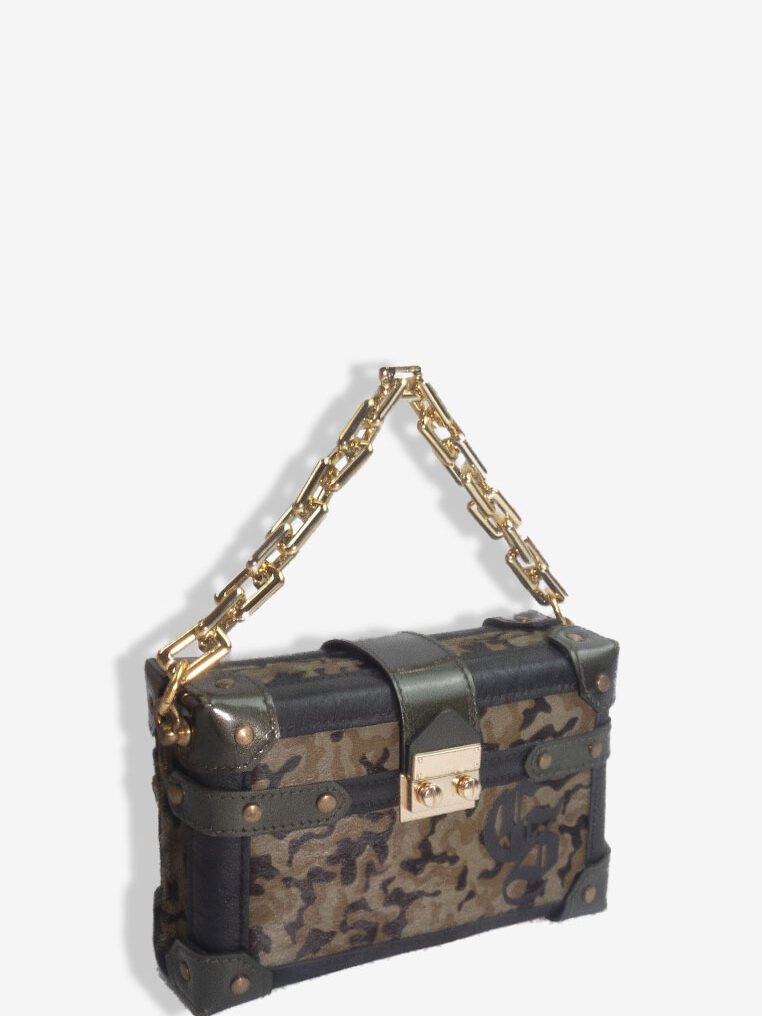 BOX CLUTCH CAMOUFLAGE TRUNK BAG WITH GOLD CHAIN
