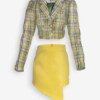 Yellow Tartan Puff Sleeves Skirt Set