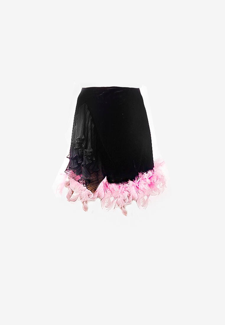Velvet feather Set Dress in Black Pink