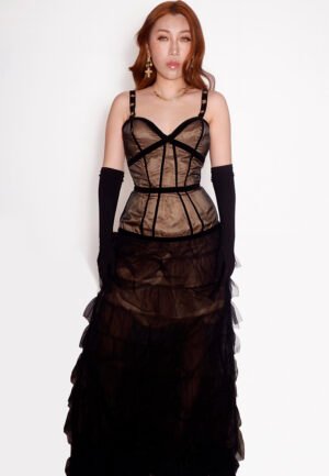 Corset Evening Dress in Black with Gloves