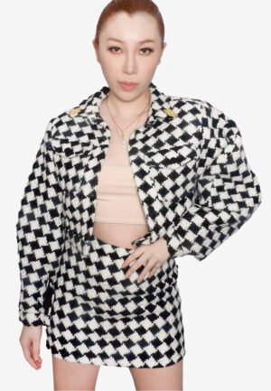 Checkerboard Tweed Bomber Jacket And Skirt Set