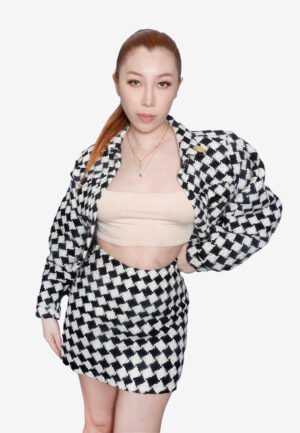 Checkerboard Tweed Bomber Jacket And Skirt Set