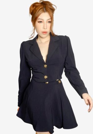 Dark Blue Chiffon Classic Gold Button Blouse & Skirt Dress Set