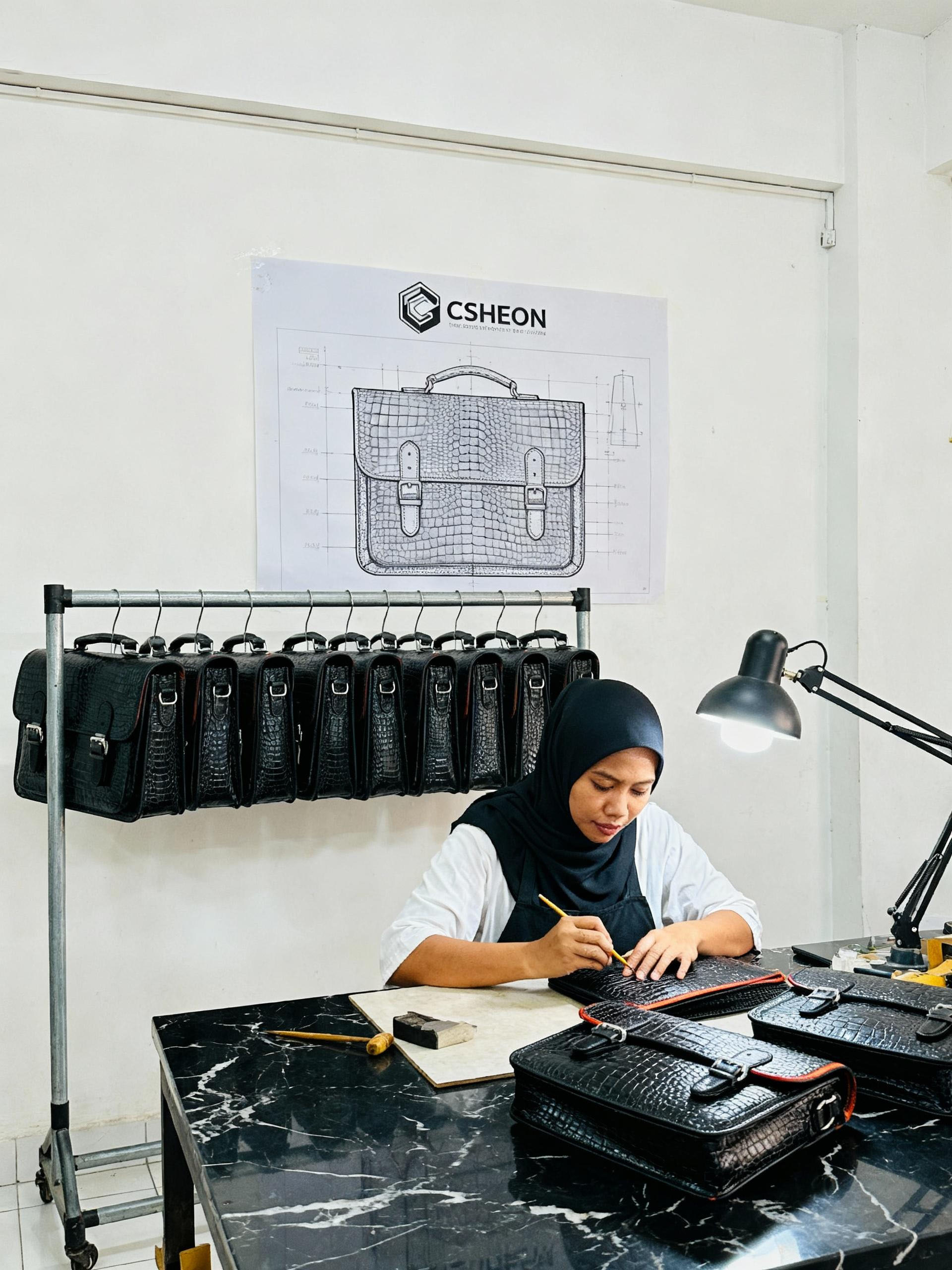 A_whole_row_of_the_same_a...y_logo_CSHEON_at_the_back CSHEON Malaysia Leather Bags Manufacturing Messenger Bags
